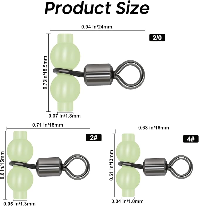 Goture Fishing Swivels, 3 Way Swivels Fishing Tackle, T Shape Cross Line Rolling Swivels with Luminous Beads Saltwater Freshwater,Three Way Fishing Swivels Barrel Swivels for Catfish Rig Surf Rig