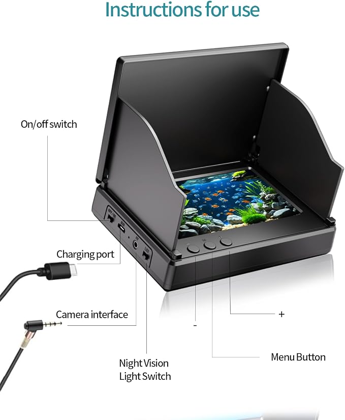 FOURQ Auto Reel Underwater Fishing Camera, 4.3" HD Monitor Fish Finder with 100ft Cable, 4 IR Night Vision Lights & 5000mAh Battery, Portable Video Camera for Ice, Kayak, Boat & Saltwater Fishing