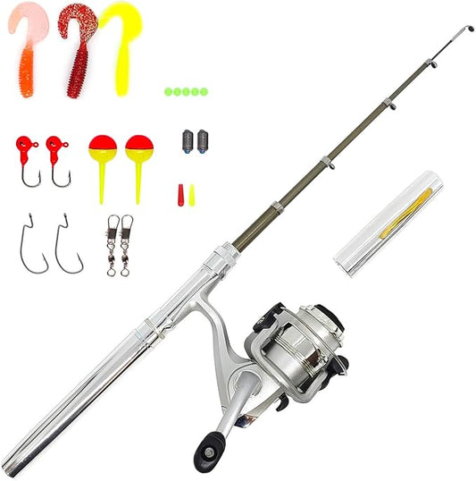 Portable Mini Small Fishing Rod and Spinning Reel Combos, Compact 38inch Pocket Pen Fishing Pole Telescopic with Line Lures Hooks for Raft, River, Lake, Ice Fishing and So On