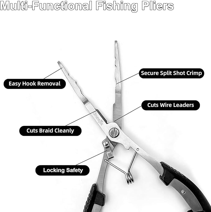 Professional 8.4 Inch Fishing Pliers with Safety Lock, Multi-Function Long Nose Hook Remover, Line Cutter, Crimper, Rustproof Stainless Steel Fishing Tool for Saltwater & Freshwater
