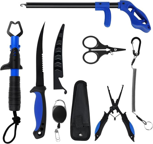 RAWILL Fishing Kit,Fishing Pliers with Lanyard,Fillet Knife,Fish Lip Gripper,Hook Remover, Scissors with Bungee Cords,As A Gift for Anglers