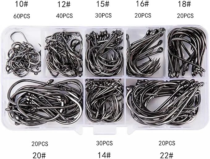FCFKUK 240pcs/box Large Size Premium Fishhooks, 8 Sizes Strong Custom Offset Sport Black High Carbon Steel Barbs Fishing Hooks