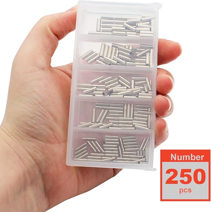 250pcs/500pcs Single Copper Barrel Crimp Sleeves Kit, 5 Sizes Single Tube for Fishing Leader Wire Rope