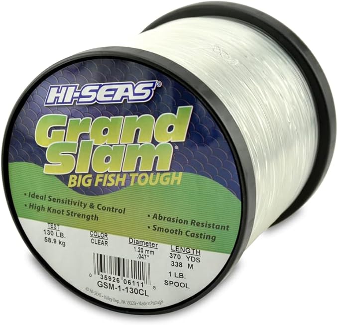 HI-SEAS Grand Slam Monofilament Fishing Line - Strong & Abrasion Resistant in Clear, Pink, Green, Smoke Blue, Fluorescent Yellow Freshwater & Saltwater - 1 lb Spool