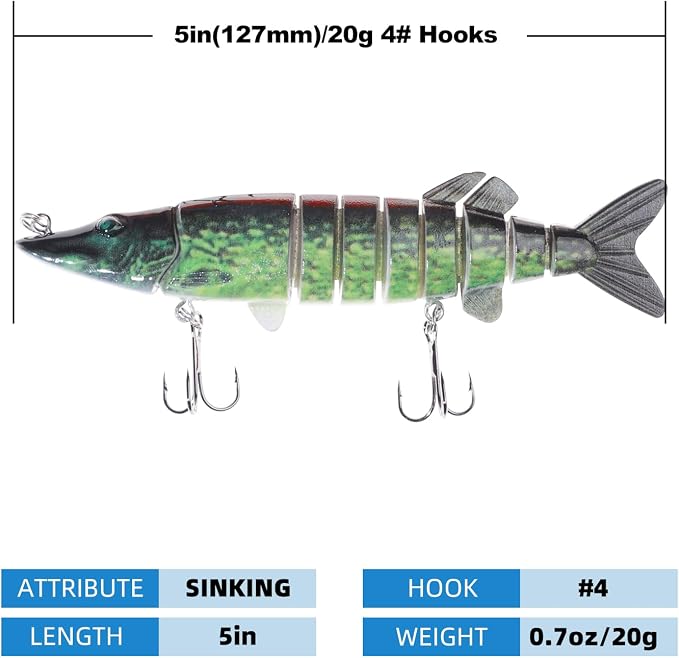Bass Fishing Lures, Jointed Swimbait Glide Bait for Bass, Trout & Pike – Lifelike Fishing Lure with 3D Eyes, Built-in Rattle Chamber, Triple Hook – Realistic Fishing Lures for Freshwater & Saltwater