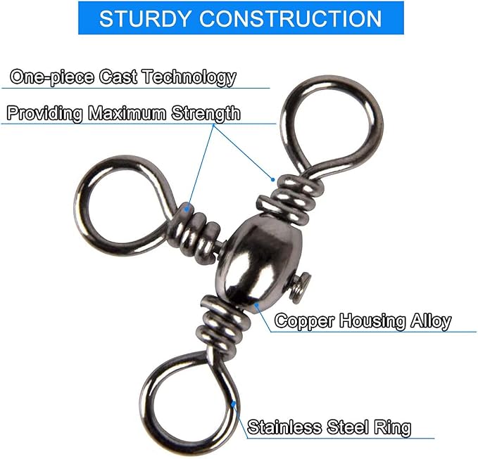 AKOSU 120pcs Fihshing Accessories Three Way Swivels Cross Line Barrel Stainless Steel Swivel Saltwater T-Turn Fishing Line Connector #2, 4, 6, 8, 10