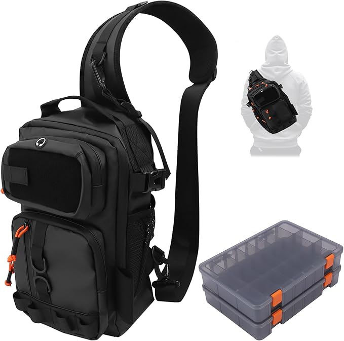 Fishing Backpack Tackle Storage Bag with 2 Tackle Boxes, Lightweight Outdoor Water-Resistant Fish Shoulder Bag with Rod Holder-Store Gear for Fishing(Black)