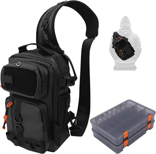 Fishing Backpack Tackle Storage Bag with 2 Tackle Boxes, Lightweight Outdoor Water-Resistant Fish Shoulder Bag with Rod Holder-Store Gear for Fishing(Black)