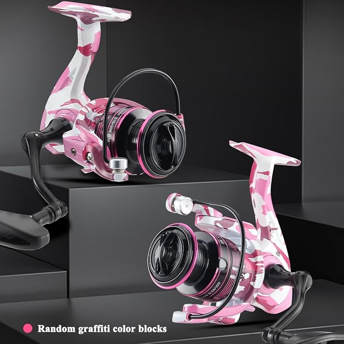 Pink Camouflage Graffiti Metal Waterproof Lightweight Long-Casting Fishing Reel - HPCR Rolling Bearing for Smooth Operation.