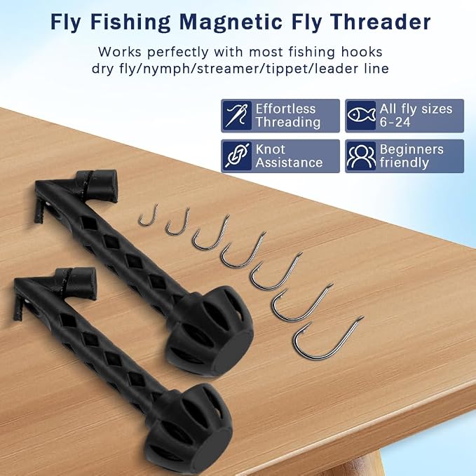 zxbaers 2PCS Magnetic Fly Threader & Knot Tying Tool, Fly Fishing Hook Threader with Curved Lure Pliers and Gloves, Knot Assist for Threading Hooks, Works with Most Hooks, tippets, and Fly Styles