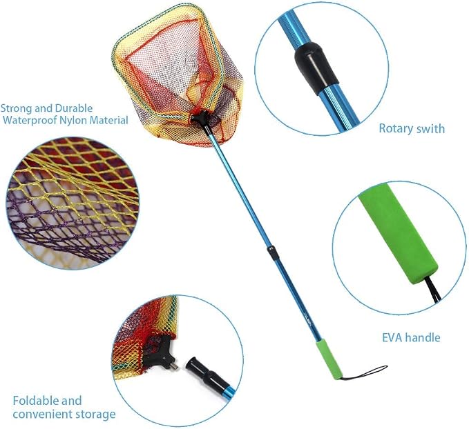 YVLEEN Kids Fishing Net for Lakes - Minnow Nets for Kids - Aluminum Collapsible Telescopic Fishing Pole Handle and Nylon Mesh Small Fishing net - Butterfly Nets for Kids Outdoor Playing