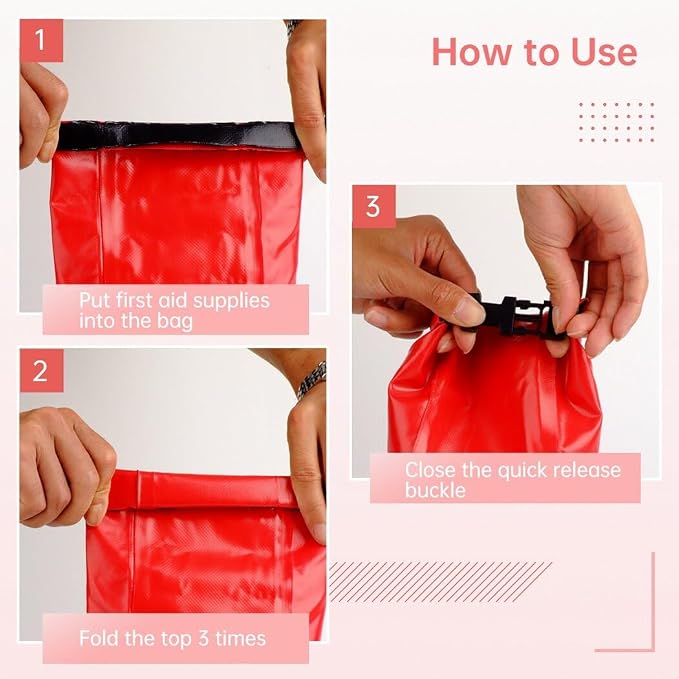 Emergency Kit for Outdoor Activities, Boating, Camping, Rafting, Fishing Waterproof Kit with Roll Top Closure and Buckles, Red