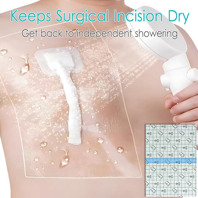 Waterproof Shower Cover Shields for Dialysis Port Picc Line Chest Catheter PD Peritoneal Dialysis Chemo Port Feeding Tube Shower Protector 12" x 12" (Pack of 25)