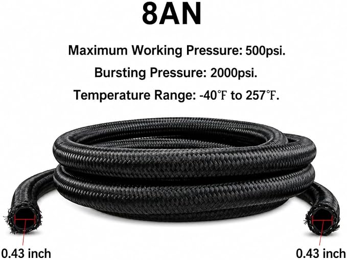Ucreative 8AN CPE Fuel Hose Line Fitting Kit AN8 Nylon Braided Fuel Hose 10FT Black ID: 0.43 inch (11mm)