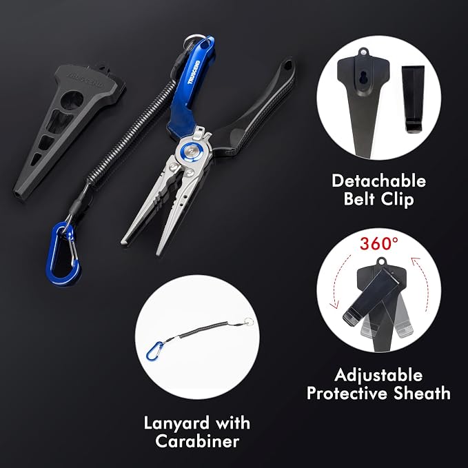 TRUSCEND Easy Use Lockable Fishing Pliers with Tungsten Carbide Cutter, Innovative Ergonomic Handy Handle, Saltwater Corrosion Resistant Teflon Coated Fishing Tool, Light Multi-Function Fishing Gear