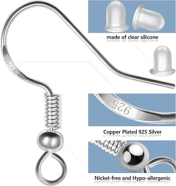 Hypoallergenic Earring Hooks, 800PCS/125 Pairs Fish Hooks,500pcs Silver Plated Earring Making kit with Jump Rings and Clear Silicone Backs Stopper