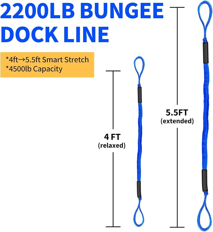 4-Pack Bungee Dock Lines for Boats with Loops, Boat Tie Downs for Docking, Adjustable Boat Mooring Rope for Pontoon, Jon Boat & PWC (Blue, 4 FT)