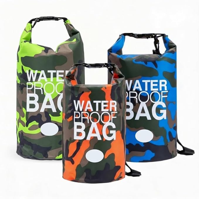 Waterproof Backpack Roll Top Dry Bag Set of 3 (2L 5L 10L) – PVC Dry Bags Waterproof for Kayaking, Camping, Beach & Travel – Floating Outdoor Dry Sack (Camouflage Orange, Dark Blue, Green)