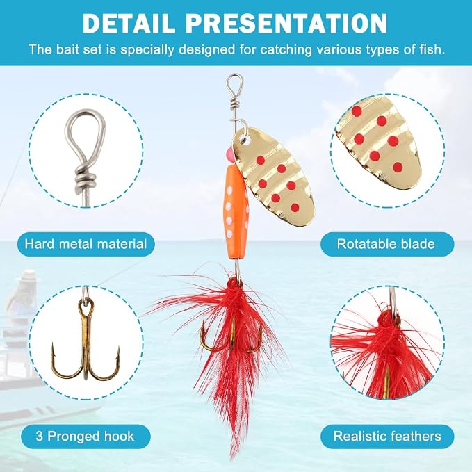 16pcs Fishing Lures Spinner Baits Kit, Metal Bass Trout Lures with Portable Carry Bag, Fishing Gears Spinnerbait Spoons Baits for Freshwater Saltwater Trout, Gifts for Men