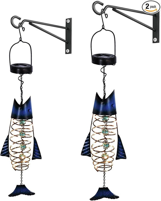 HONGLAND Patio Deals, Solar Lanterns Outdoor Waterproof, 2 Pack Metal Fish Lantern with Warm White LED Lights for Garden, Yard, Gifts for Fishermen & Holiday Decor