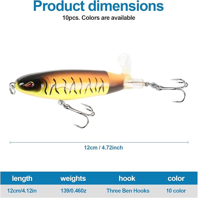 Popper Top Water Fishing Lure: Whopper Fishing Lures with Floating Rotating Tail Barb Treble Hooks Saltwater Freshwater for Bass