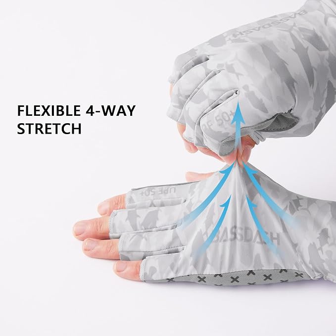 BASSDASH 3/4 Finger UPF 50+ Sun Gloves Breathable Anti-Slip Silicone Palm for Men Women Fishing Fingerless Cycling Running