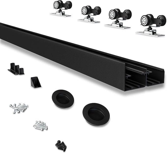 JUBEST 6FT Heavy Duty Bypass Door Hardware with Finger Pulls,Sturdy Aluminum Sliding Closet Door Track for 2 door System,Quietly and Smoothly,Fit Door Thickness 1 3/8" or 1 3/4",Easy to Install, Black