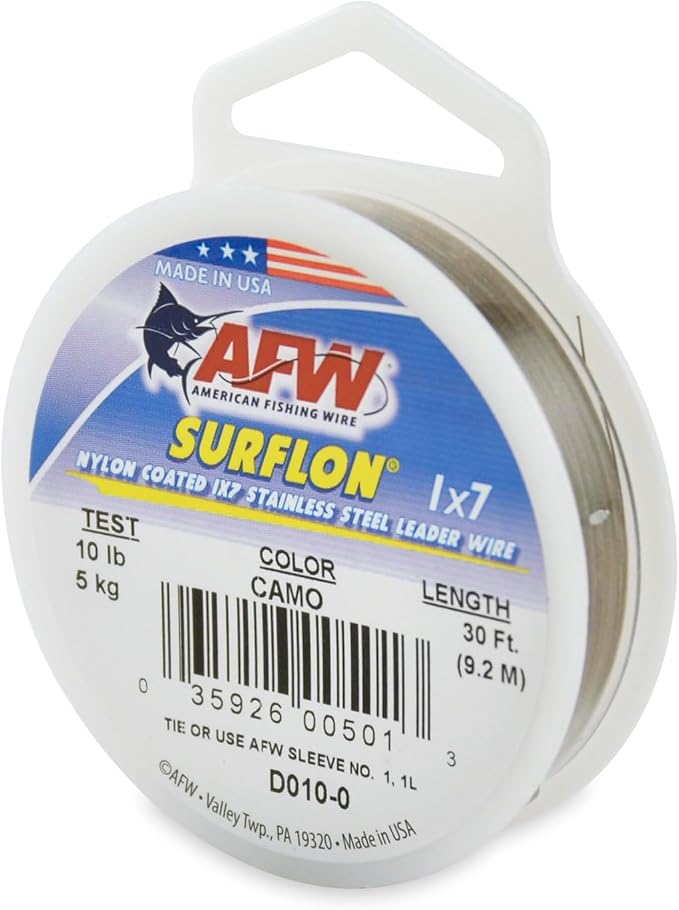 American Fishing Wire Surflon Nylon Coated 1x7 Stainless Steel Wire Leader - Wire Fishing Leader Line for Saltwater 10lb Up To 250lb Test in Bright, Black, Camo in 30ft, 100ft, 300ft, & 1000ft Lengths