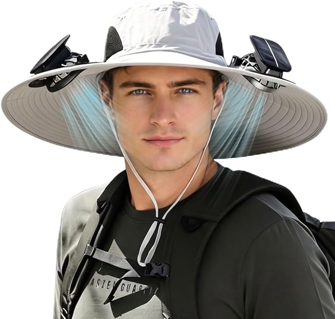 Men Sun Hat with 2 Solar Fan UPF 50+ Fishing Hats Wide Brim UV Protection Sun Hat, USB Charging