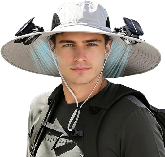 Men Sun Hat with 2 Solar Fan UPF 50+ Fishing Hats Wide Brim UV Protection Sun Hat, USB Charging