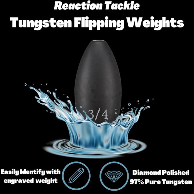 Reaction Tackle Tungsten Flipping Weights for Bass Fishing - Sinkers for Punching Heavy Cover - Fresh & Saltwater - Texas/Carolina Rigs - Size Stamped