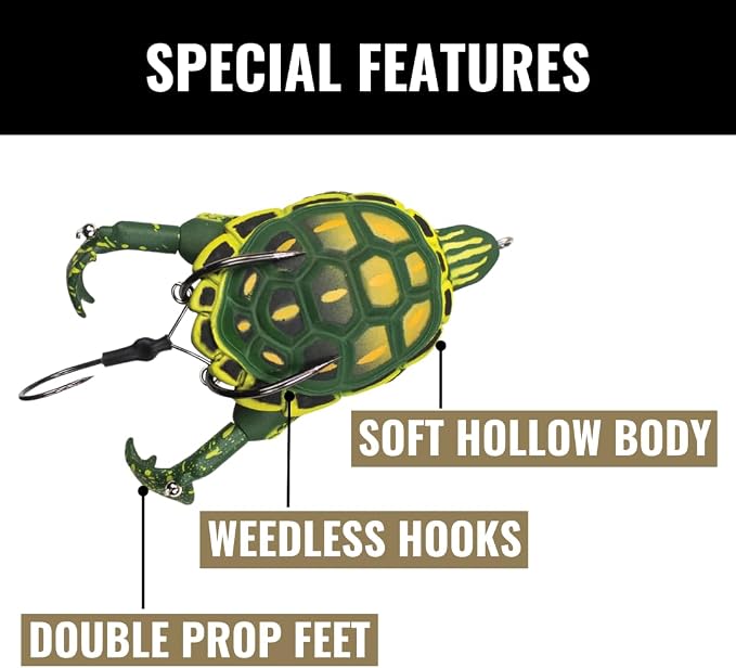 LUNKERHUNT Topwater Fishing Lures Kit (3-Pack) for Bass, Trout | 1 Turtle Lure, 1 Frog Lure, 1 Sunfish Prop Lure | Freshwater Fishing Bait for Pike, Soft Hollow Body, Weedless Hooks