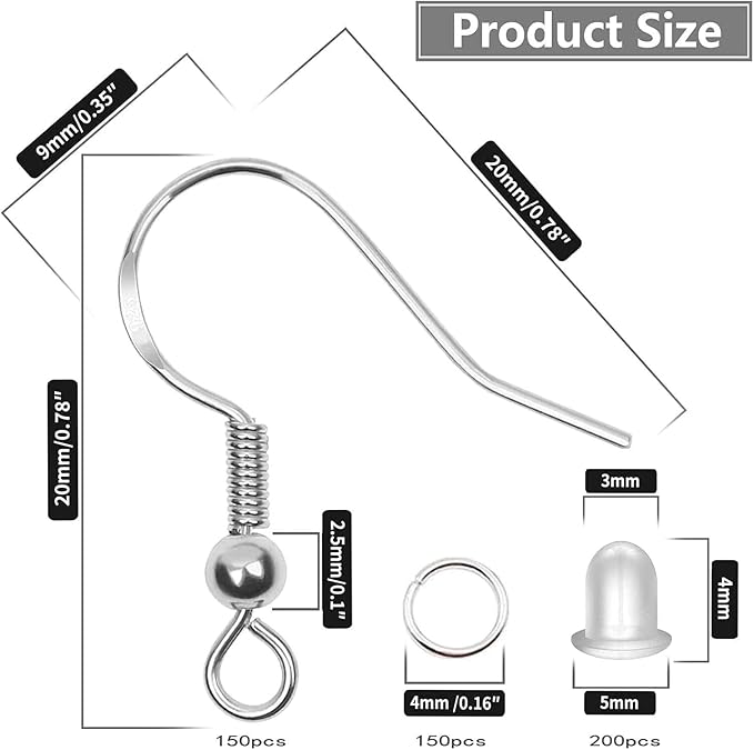 Hypoallergenic Earring Hooks 150 PCS/75 Pairs, Silver Plated Ear Wires Fish Hooks,500pcs Earring Making Kit with Jump Rings and Clear Silicone Earring Backs Stoppers for DIY Jewelry Making