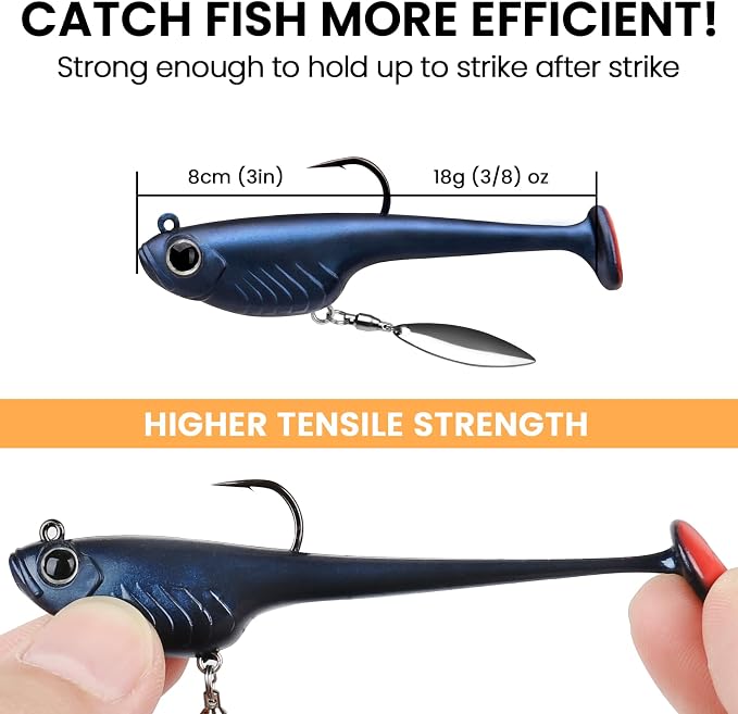 TRUSCEND Duramax Pre-Rigged Fishing Lures with BKK Jig Hooks, 10X Tear-Resistant TPE Soft Swimbaits for Bass Striper Trout Crappie Walleye Grouper, Lifelike Fishing Baits for Saltwater and Freshwater