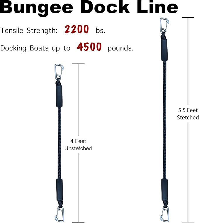 4 Feet Bungee Dock Line Double Clips Heavy Duty 316 Stainless Steel Clips Boat Ropes Mooring Ropefor for Boats PWC, Built in Snubber, Kayak,Watercraft,SeaDoo,Jet Ski, Pontoon, Canoe, Power Boat 2-Pack