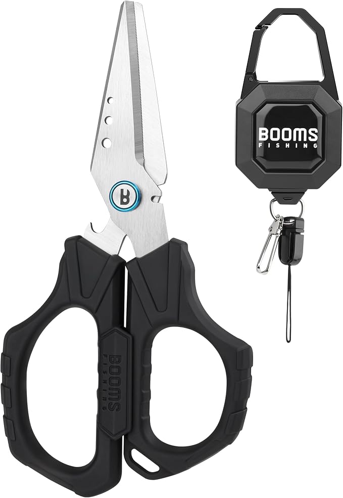 Booms Fishing Braided Line Cutter: 6.3in Multifunction Fishing Scissors with Retractor - Fishing Shears with Serrated Blades and Side Wire Cutter, S04