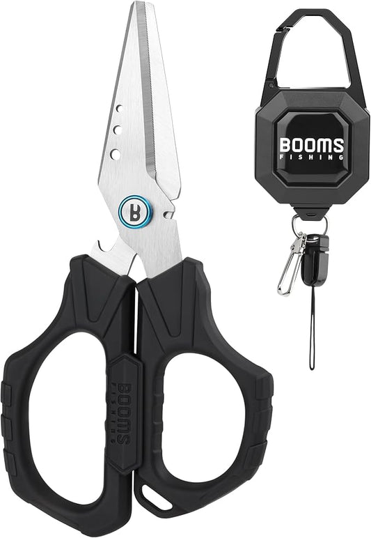 Booms Fishing Braided Line Cutter: 6.3in Multifunction Fishing Scissors with Retractor - Fishing Shears with Serrated Blades and Side Wire Cutter, S04