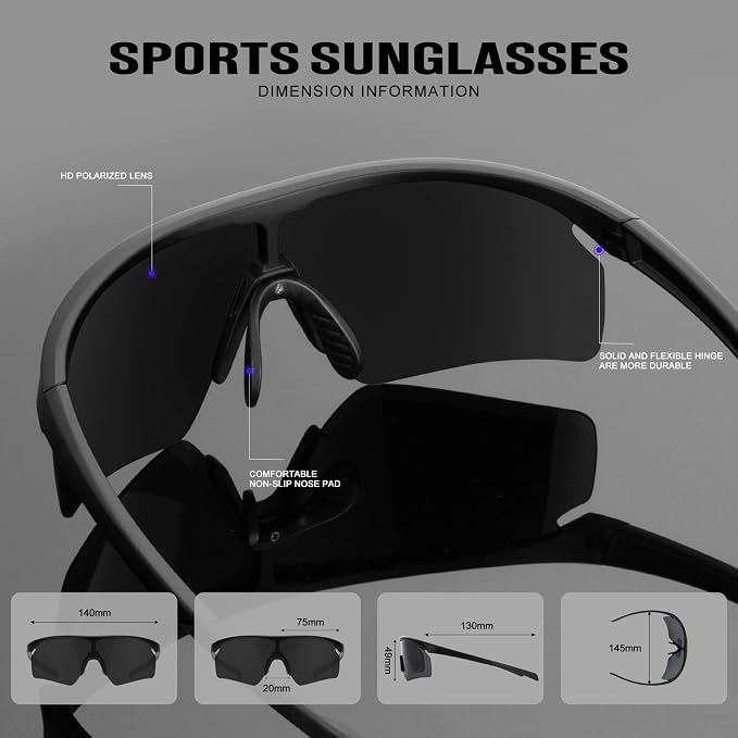 Polarized Sports Sunglasses for Men Women, UV400 One-Piece Lens Sport Shades for Baseball, Running, Cycling, Fishing