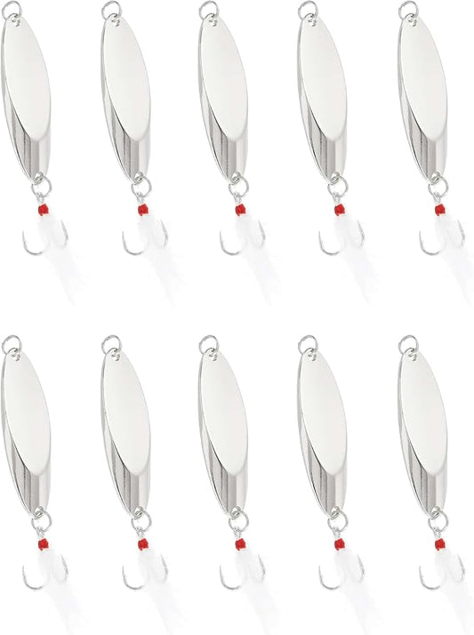 Fishing Spoons Fishing Lures Hard Metal Spinner Baits Reflective Casting Spoon Treble Hooks Jigs for Freshwater Saltwater，10 PCS with Box