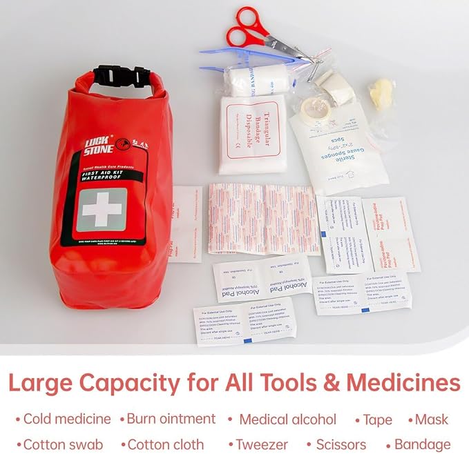 Emergency Kit for Outdoor Activities, Boating, Camping, Rafting, Fishing Waterproof Kit with Roll Top Closure and Buckles, Red