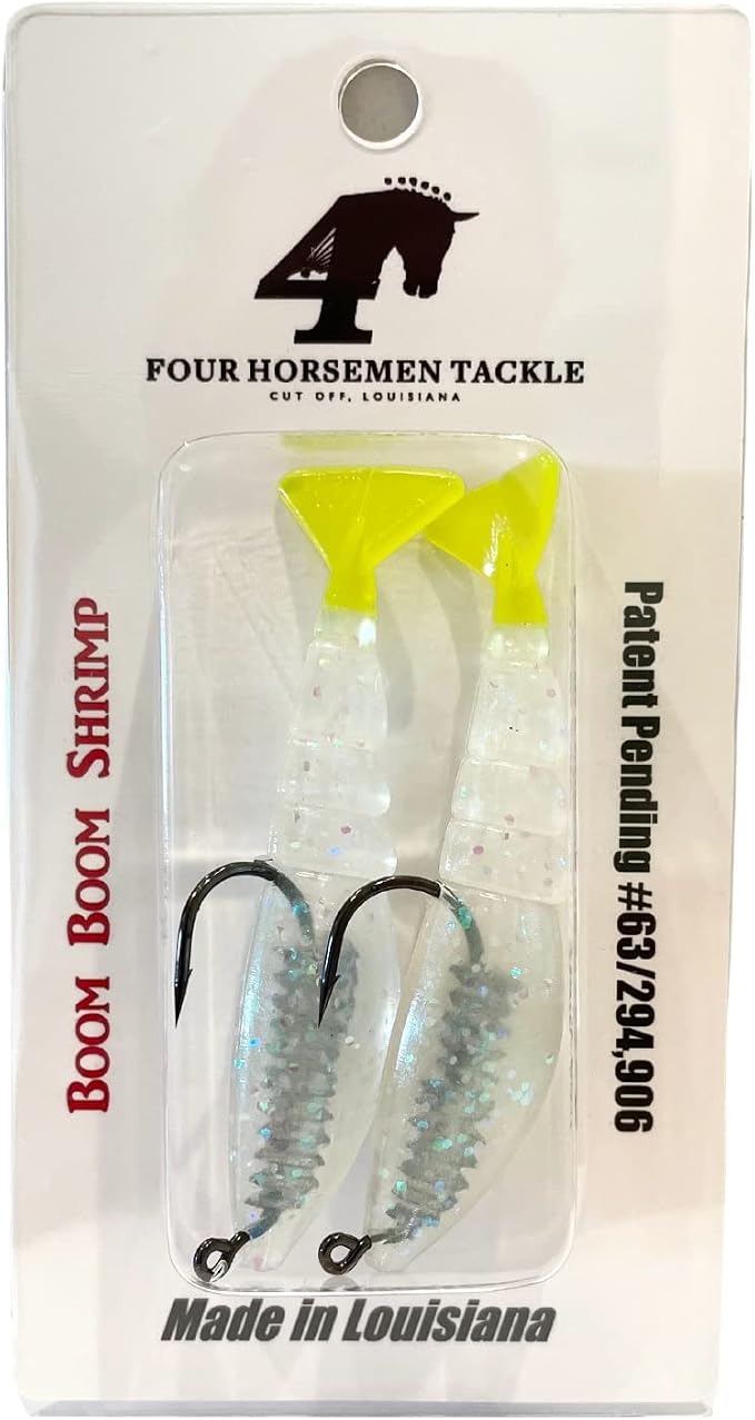 Four Horsemen Boom Boom Shrimp Plastic Bait Made in USA Saltwater Fishing Lures for Speckled Trout, Redfish - 1/8 Deathgrip Jighead Hook - Contains 2 Swimbaits