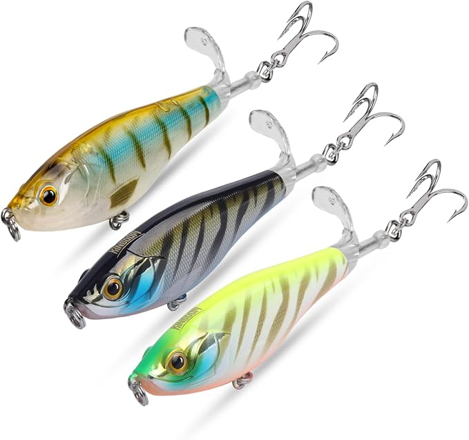 KINGDOM 3PCS Topwater Fishing Lures for Bass Whopper Popper Fishing Lure for Bass Catfish Pike Perch Floating Pencil Bait with Propeller Tail Freshwater/Saltwater