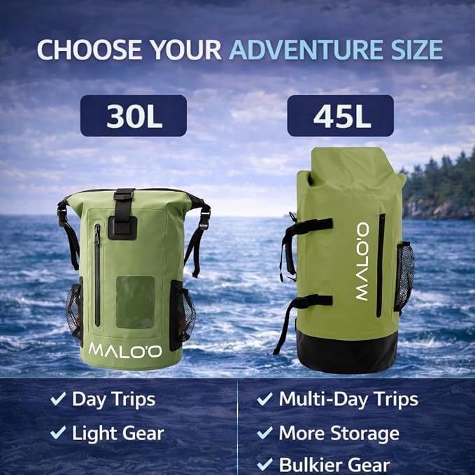 Malo’o 45L Waterproof Dry Bag Backpack – Heavy Duty Roll Top Fishing & Beach Backpack, IPX6 Water Resistant Gear Bag for Kayaking, Camping, Surf, Travel & Outdoor Adventure