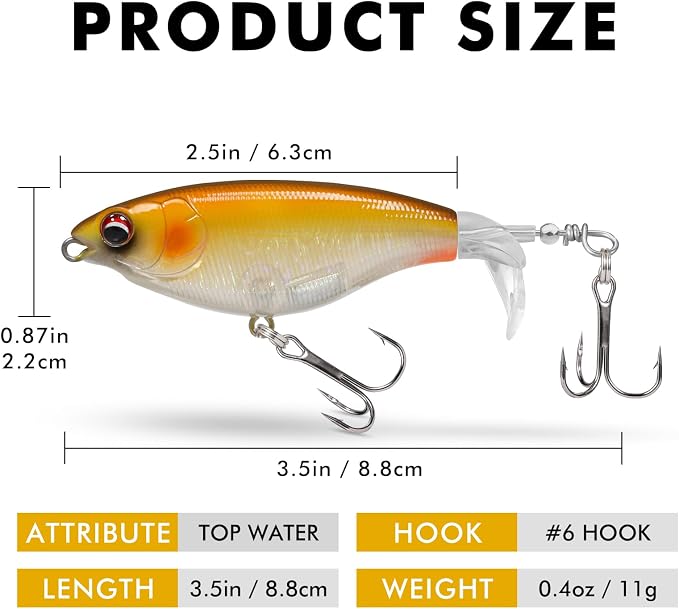 TRUSCEND Popobait Easy Catch Fishing Lures with BKK Hooks, Instant Startup, Longer Cast, Balanced Spray/Sound/Swim, Plopper Topwater Lures for Bass, Trout, Pike, Walleye, Freshwater Saltwater Fishing