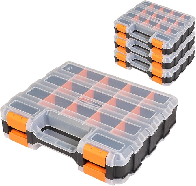 Generic Tool Box with Transparent Lid, Double Side 34-Compartments Organizer Box with Removable Dividers for Hardware, Screws, Bolts, Nails, Beads, Jewelry and Fishing Accessories, Orange, 4 Packs