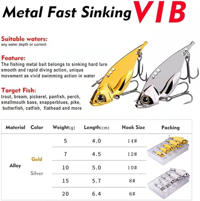 5 Pack Metal Blade Baits for Bass Fishing Lures Hard Metal VIB Fishing Spoons Crankbaits Swimbaits for Trout Walleye Crappie Saltwater Blade Bait Fishing