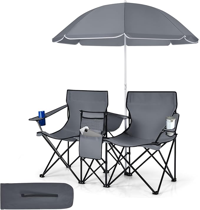 Tangkula Double Camping Chairs with Umbrella, Portable 2 Seat Folding Camp Chair with Cooler Bag, Beverage Holder, Carrying Bag, Foldable Lawn Chair for Outside, Fishing, Picnic, Beach
