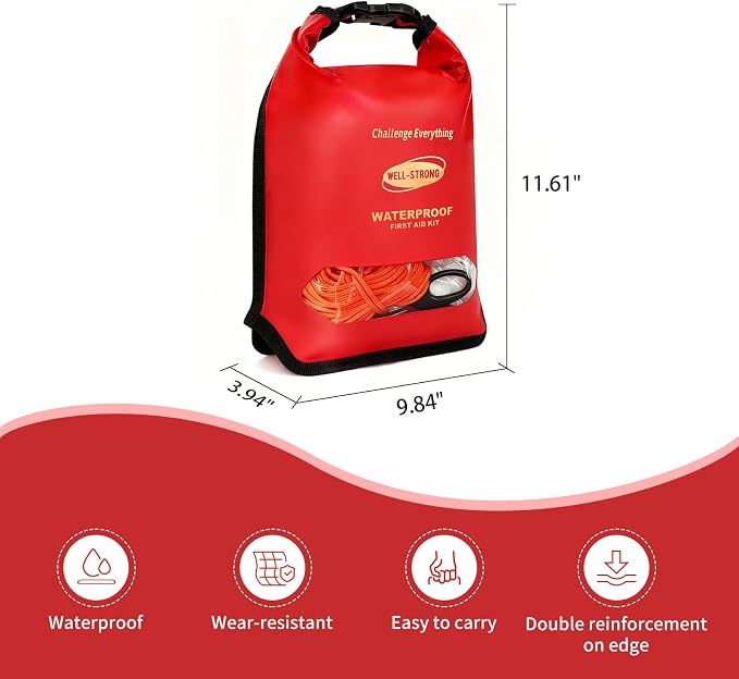 Waterproof First Aid Kit 280PCS for Boat Marine - IPX6 Roll Top Dry Bag Medical Kit for Kayaking Fishing Boating Emergency Supplies with Floatable Design Red