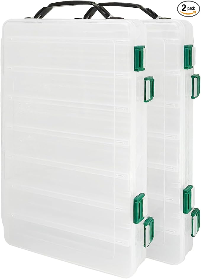 Double-Sided Fishing Lure Hook Tackle Box Visible Hard Plastic Clear Fishing Lure Bait Squid Jig Minnows Hooks Accessory Storage Case Container (Clear-14 Slots 2Pcs)