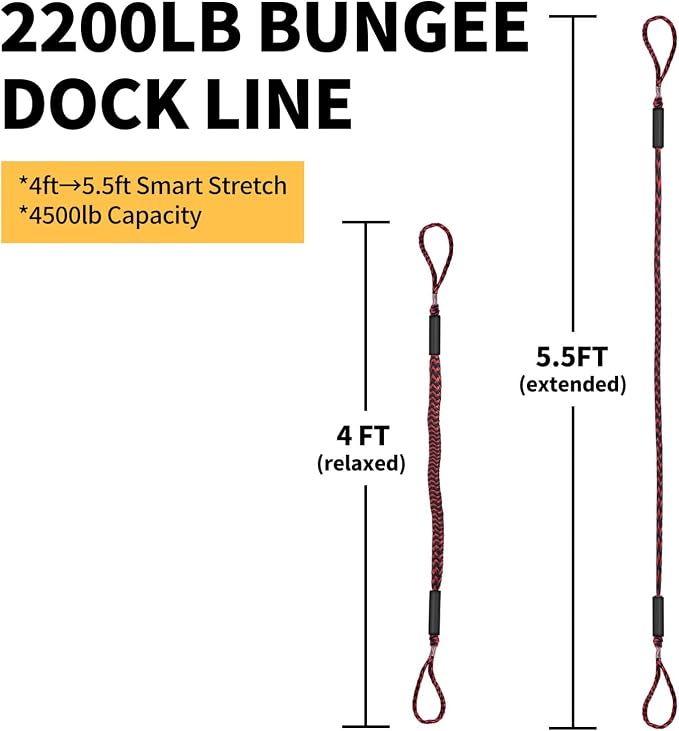 2-Pack Bungee Dock Lines for Boats with Loops, Boat Tie Downs for Docking, Adjustable Boat Mooring Rope for Pontoon, Jon Boat & PWC (Red & Black Waves, 4 FT)